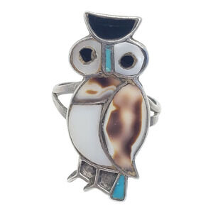 Vintage Southwestern Owl Inlay Ring Silver Turquoise MOP Shell Size 4 Native
